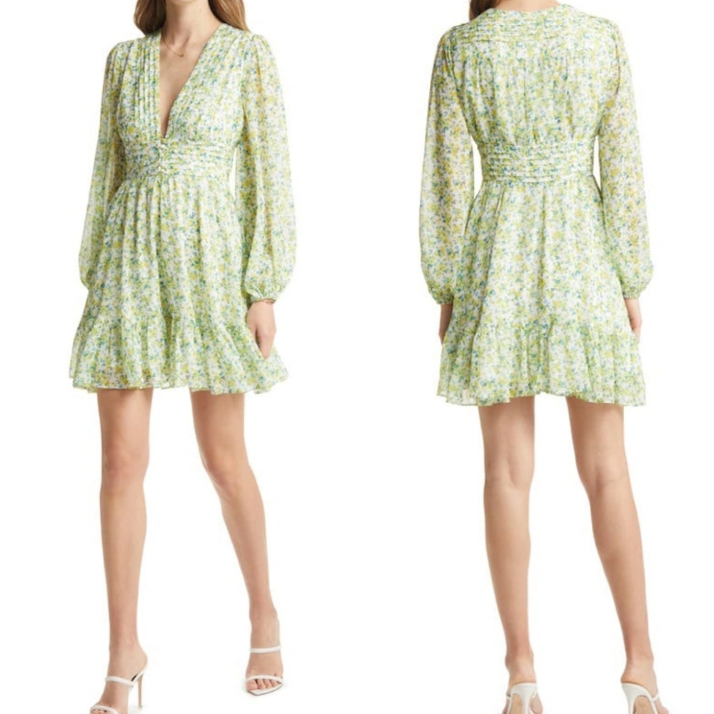 VICI Collection Floral Long Sleeve Chiffon Babydoll Mini Dress Green/Yellow - Picture 9 of 9